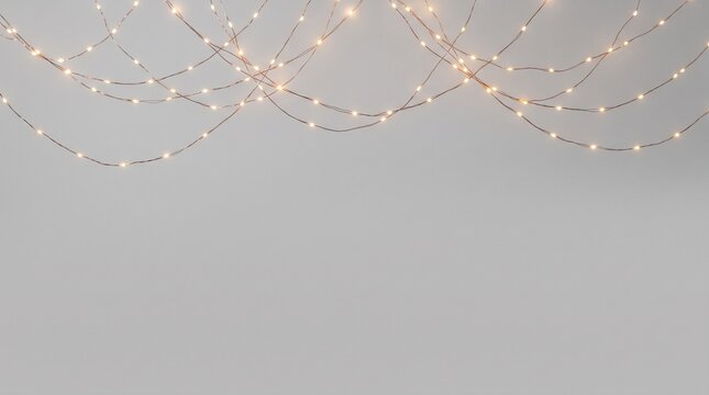 Elegant string lights overlay on black and white backgrounds, glowing warm garland creating festive atmosphere for Christmas decoration and celebration projects.