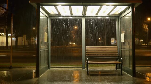 Rain on an empty bus shelter
