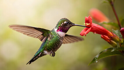 Fototapeta premium A hummingbird with green feathers and a purple throat hovers to drink nectar from a red flower in a lush green garden environment