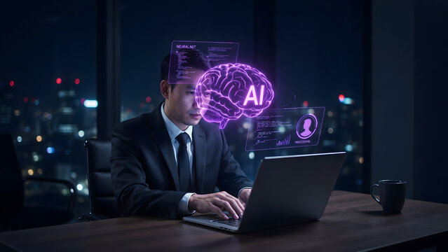 A man in a business suit working on a laptop in a dark office at night with a glowing purple artificial intelligence brain hologram and interface