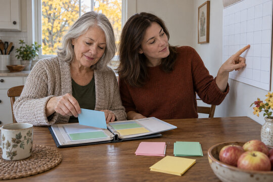Two women sorting planning cards beside a calendar in autumn