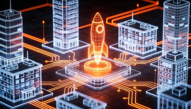 Isometric innovation park with glowing orange rocket symbol, holographic wireframe startup office buildings in neon circuitry on dark backdrop, business incubator accelerator illustration