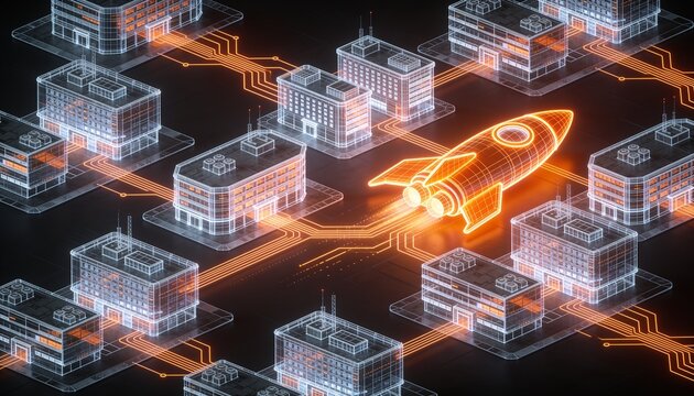 Isometric innovation park with glowing orange rocket symbol, holographic wireframe startup office buildings in neon circuitry on dark backdrop, business incubator accelerator illustration