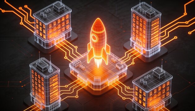 Isometric innovation park with glowing orange rocket symbol, holographic wireframe startup office buildings in neon circuitry on dark backdrop, business incubator accelerator illustration