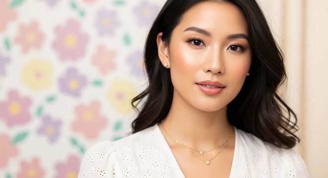 Portrait of a young woman with dark hair and fair skin, smiling softly against a floral background, symbolizing beauty and femininity