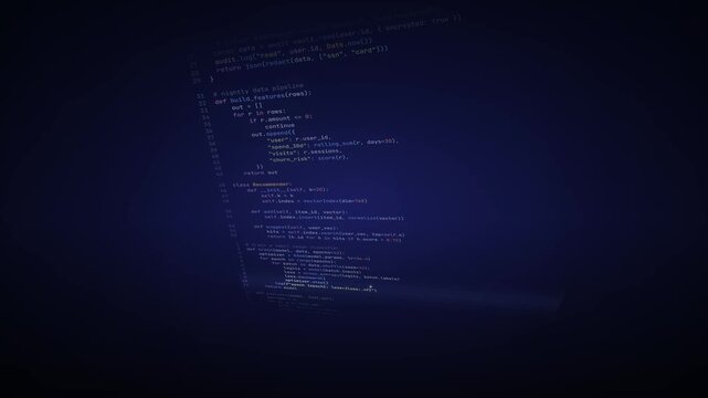 Abstract digital code scrolling on a dark blue background with glowing lines and subtle light effects