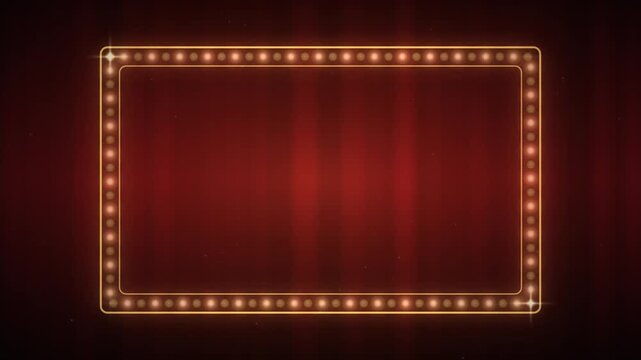 Vintage Marquee Frame with Golden Lights and Red Velvet Curtain Background for Showbiz and Entertainment