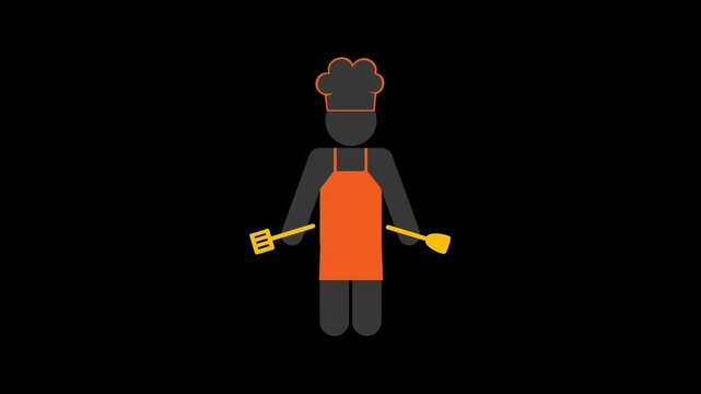Animated chef stick figure wearing orange apron and tall white hat holding cooking utensils in motion video clip