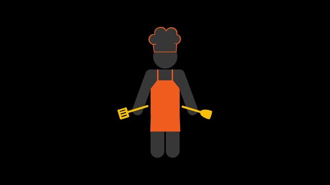 Animated chef icon wearing an orange apron and hat holding kitchen utensils up high in motion video footage