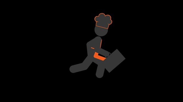 Chef cartoon character running quickly with a briefcase in motion loop video footage for culinary business concepts and restaurant marketing animations