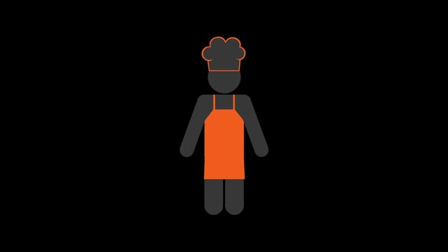 Animated chef icon wearing orange apron and tall white hat saluting happily with dynamic arm movement in crisp vector design motion clip