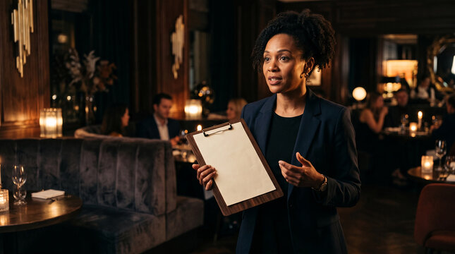 Businesswoman presenting data on clipboard in elegant restaurant setting