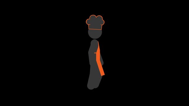 Animated stick figure chef walking forward wearing orange apron and tall hat in minimalist vector style loop video footage