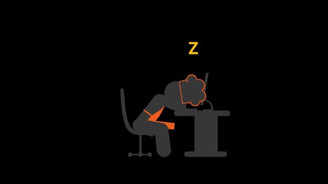 Tired office worker sleeping at desk with computer during late night shift in minimalist graphic animation video footage