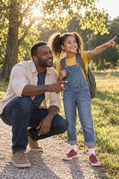 Father and daughter point toward a grassy clearing in a sunlit park