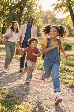Children run ahead of parents along a park path at golden hour