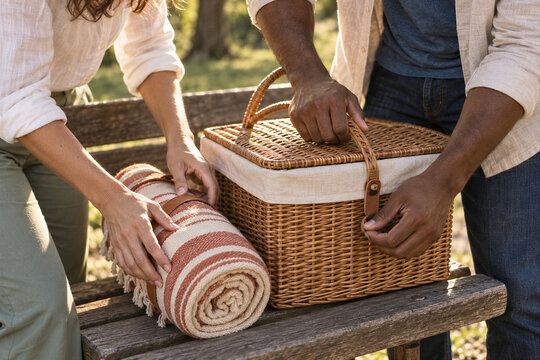 Adult couple packs a wicker picnic basket on a park bench
