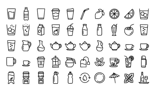 Drinks and Refreshments Thin Line Icon Set, Water, Juice, Coffee and Tea