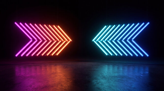 Two chevron-shaped neon signs, one pink and orange, the other blue, face each other in a dark, reflective space.