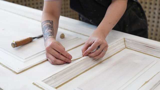 Professional woman restorer hands repairing antique wooden door panel in restoration workshop, female crafter use wood putty molding paste around door panels, renovation process in carpentry woodshop.