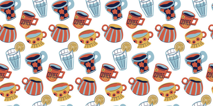 Seamless pattern colorful ceramic coffee mugs, cozy tea cups, water glass with lemon slice. Hand drawn repeating drinkware texture for kitchen textile, cafe wallpaper, packaging. Vector illustration