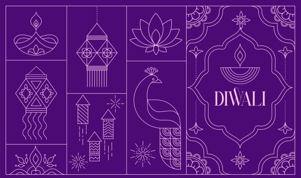 Minimalist Diwali background with peacocks, Diya lamps, lanterns and abstract decorative design elements. Holiday festival template with geometric line art motifs.