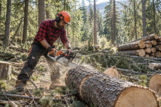 Lumberjack cutting fallen tree in forest