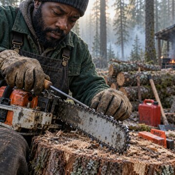 Close-up of chainsaw cutting timber