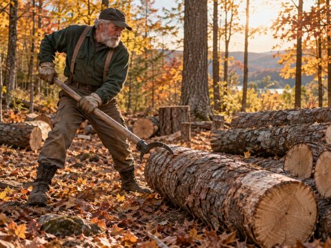 Lumberjack using axe at sunset