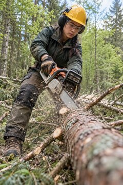 Forestry worker operating chainsaw
