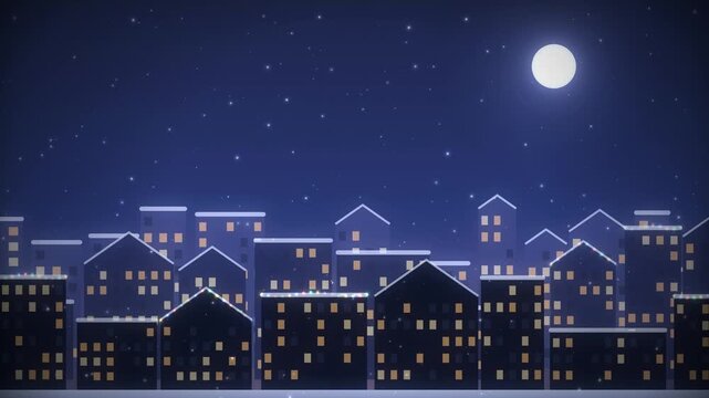 Animated cityscape at night with a full moon and twinkling stars, showing buildings with illuminated windows