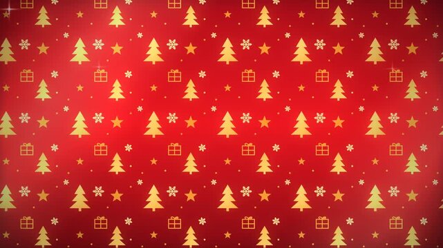 Festive red background with golden Christmas trees, snowflakes, stars, and gift boxes in a repeating pattern