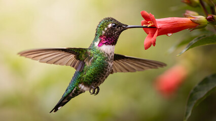 Fototapeta premium A small hummingbird with iridescent green feathers and a purple throat hovers near a bright red flower to feed on nectar in a garden setting
