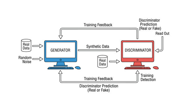 Generative adversarial network diagram showing the interaction between generator and discriminator