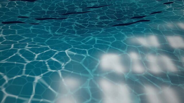 Deep blue water caustics rippling across a submerged pool surface with ethereal sunlight patterns and fluid 3d motion for wellness branding