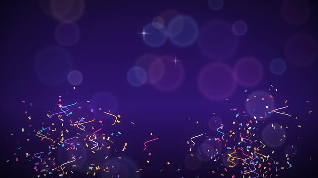 Confetti and streamers burst from bottom of screen against a dark purple bokeh background with twinkling stars