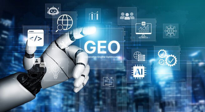 Digital marketing concept featuring GEO strategy, optimizing content for AI search engines and large language models. Evolution of SEO, brand authority, and AI citation visibility. Corpus