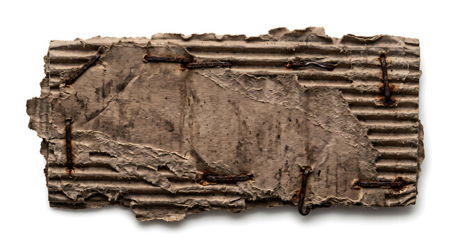 Rectangular piece of torn, corrugated cardboard with exposed fluting and rusted metal staples, isolated on a white background