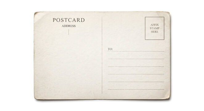 Blank vintage postcard back, featuring a rectangular stamp box, address lines, and a central vertical divider on aged, off-white paper texture