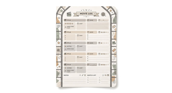 Log journaling page template with strip border, cinema icons, and fields for title, date, rating, cast, and watch list in a neutral beige color palette