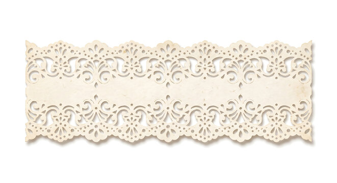 Muted cream paper lace border strip with intricate die-cut filigree pattern and scalloped edges