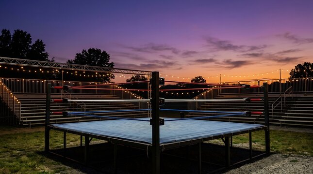 Outdoor sports arena with a wrestling ring featuring blue canvas and multicolored ropes under a vivid purple and orange twilight sky with string lights