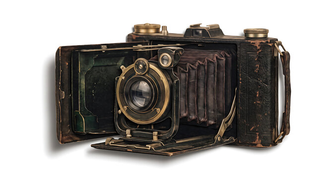 Antique folding bellows camera with brass lens and black leather casing, isolated on a white background, side view of a vintage device