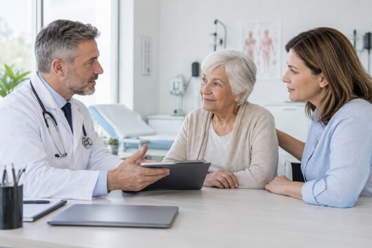 Doctor Consulting Elderly Woman and Adult Daughter in Medical Office