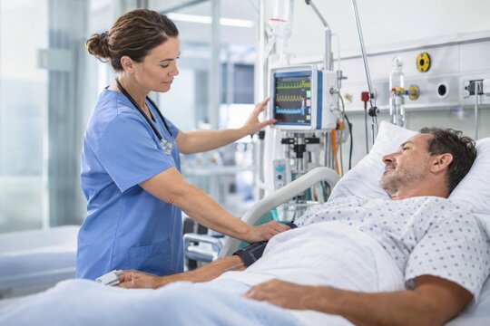 Nurse Monitoring Hospital Patient with Bedside Vital Signs