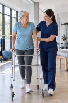 Nurse Assisting Elderly Woman Walking with Rehabilitation Walker