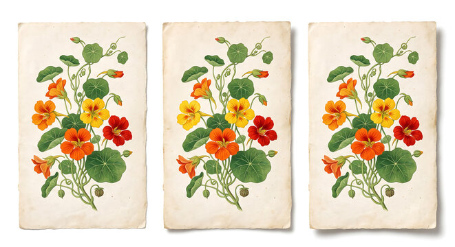 Three identical vintage seed packets featuring botanical of nasturtium flowers with orange, yellow, and red petals on aged, textured off-white paper backgrounds