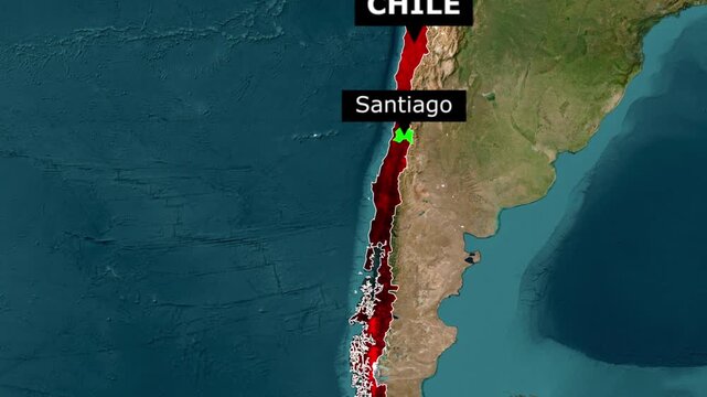 Satellite map view highlighting chile and its capital city santiago
