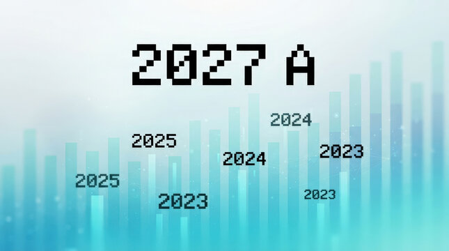 Digital bar chart infographic showing business growth trends with yearly projections up to 2027 in professional pixelated style.