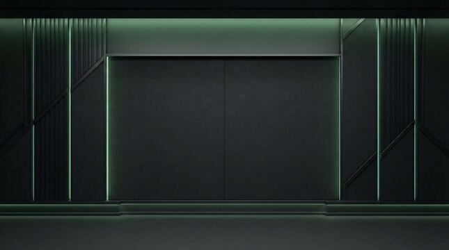 Futuristic dark tech office wall with green neon LED accents, fintech startup background
